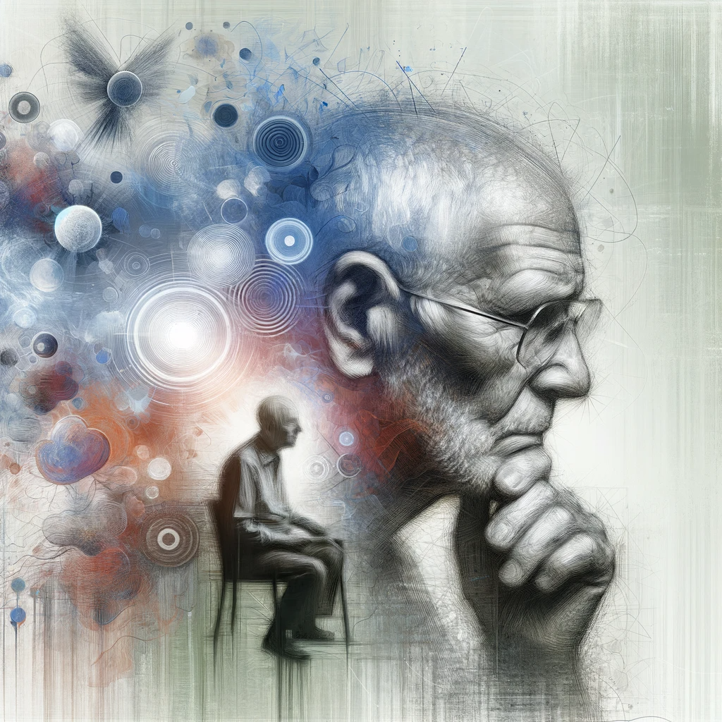 DALL·E 2023-12-16 08.41.01 - An artistic representation of a person with dementia. The image should convey a sense of confusion and memory loss, with the person appearing to be in